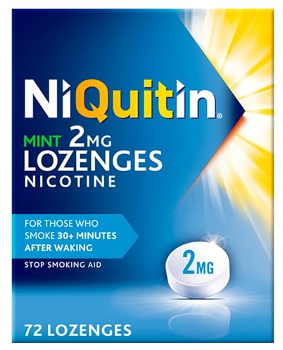 NiQuitin Mint Nicotine Lozenges 2mg, Pack of 72 | Stop or reduce smoking or vaping, 2mg if first cigarette is after 30 minutes, effective craving relief, mint lozenge