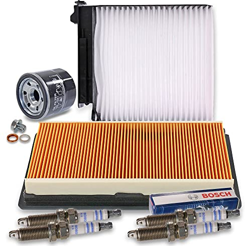 BESTPRICE Inspektionspaket Filterset mit 1x Luftfilter, 1x Innenraumfilter, 4x Zündkerze Doppelplatin VR7SPP33 Kompatibel mit NISSAN MICRA III (K12), NOTE (E11, NE11), NV200 / EVALIA Bus
