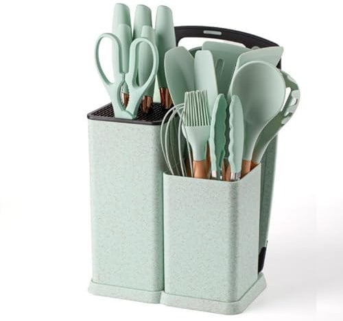 19 Piece Kitchenware Utensils and Knife Set- Includes: 9 Piece Silicone Cooking Utensils- 7 Piece Sharp Stainless Steel Chef Knives- Scissors -Whisk Tongs and Cutting Board