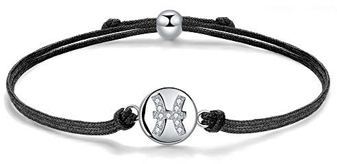 J.Endéar Armband mit Sternzeichen Fischezum Geburtstag, Silber 925 Handgemachte Kordel Filigran 24cm Verstellbares Armband Glückshoroskop Geburtstagsgeschenk für Mädchen Kinder Damen