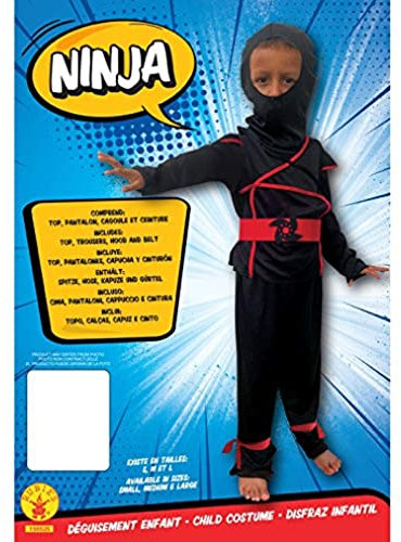 RUBIES - Déguisement pour Enfants Ninja d'Entrée de Gamme - Taille 5-7 Ans - Costume pour Carnaval, Anniversaire - Top Avec Pantalon Et Ceinture Rouge Shuriken, Cagoule Incluse