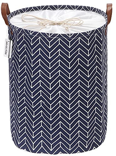 Sea Team Arrow Pattern Laundry Hamper Canvas Fabric Laundry Basket Collapsible Storage Bin with PU Leather Handles and Drawstring Closure, 19.7 by 15.7 inches, Waterproof Inner, Vavy
