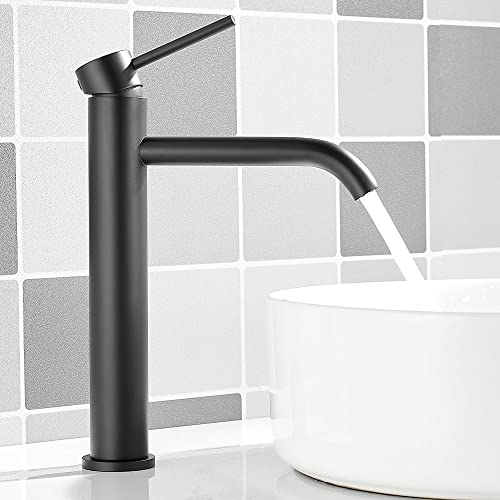 Maynosi Grifo Lavabo Alto, Grifos de Lavabo de Encimera con Caño Alto, Grifo Mezclador Agua Fría y Caliente, Grifo Monomando con Mangueras Flexibles, Acero Inoxidable (Negro Mate)