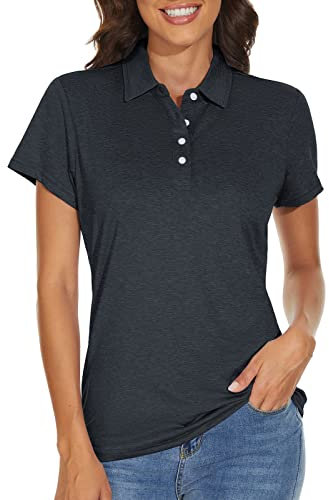 KEFITEVD Poloshirt Damen Kurzarm Funktionsshirt Performance T-Shirt Golf Polo Atmungsaktiv Schnelltrocknend Freizeitshirt Meliert Schwarz L