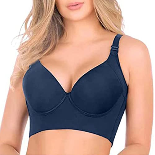 Fashion Deep Cup Bra Hides Back Fat Full Back Coverage Bra with Shapewear Incorporated Plus Size Push Up Sports Bra, Blue, 36D