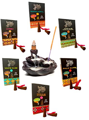 60 coni Tribal Soul backflow a riflusso - Set 6 fragranze (mirra lavanda salvia palo copal salvia+lavanda salvia+palo) + porta cono incenso bruciatore a cascata