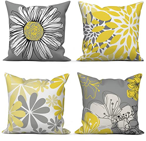 ASDCXZ Gelb Kissenbezug 45x45 cm 4er Set, Nordeuropa Modern Blumen Gelb Grau Sofa Dekokissen Kissenbezüge Kissenhülle Waschbar Polyester Leinen Textil Polster Kopfkissenbezug Kissen Bezug