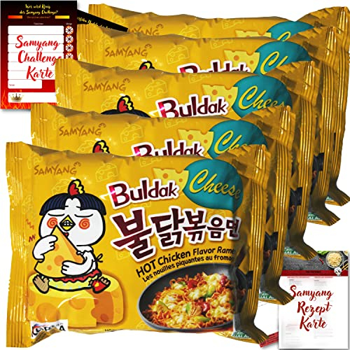asiafoodland - Samyang Buldak Ramen Set - Cheese - scharf/cremige Nudeln aus Südkorea - mit Challenge- u. Rezeptkarte, 5er Pack (5 x 140g)