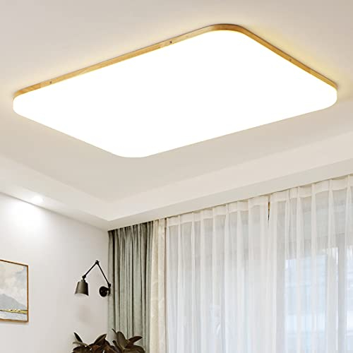 Deckenleuchte LED Holz Wohnzimmerlampe Dimmbar Rechteckigen Acryl Weiß Deckenlampe Büro Vintage Holz Ultradünn Panel Lampe D66cm Modern Deckenbeleuchtung mit Fernbedienung Schlafzimmer Esszimmer Küche