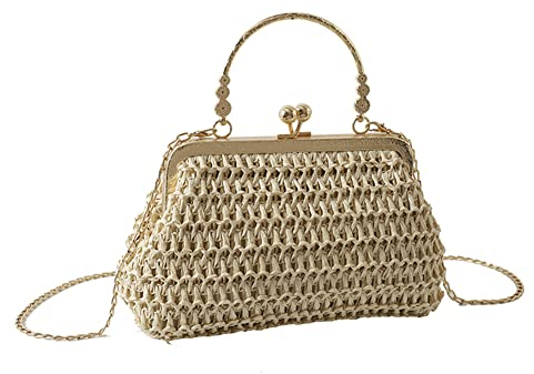 SPEPROECO Straw Woven Women Shoulder Bag Retro Chain HandBag with Metal Handle Bohemian Straw Crossbody Bag Elegant Dinner Party Straw Evening Clutch Purse
