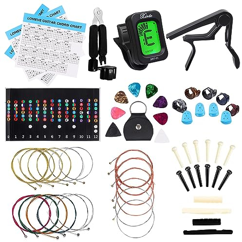 LOMEVE Gitarrenzubehör-Set beinhaltet Akustikgitarrensaiten, Stimmgerät, Kapodaster, 3-in-1-Restring Tool, Plektrumhalter, Stegstifte, Muttern und Sättel, Fingerschutz, Fingerpicks,