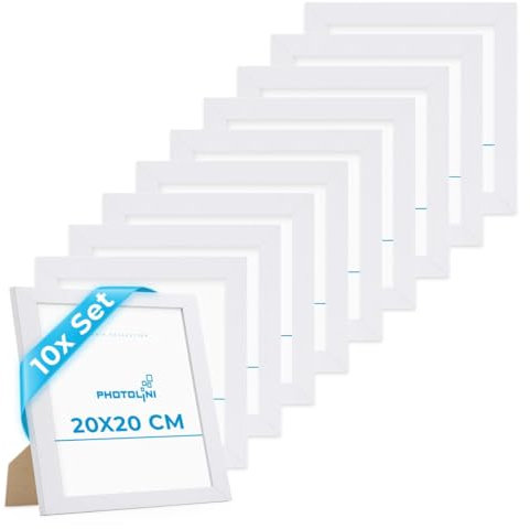 PHOTOLINI Bilderrahmen 20x20 cm Weiß MDF-Holz, breite Rahmen, 10er Set, modern, bruchsicheres Acrylglas, zum Aufhängen & Aufstellen, extra Zubehör - für Ihre stilvolle Wanddekoration