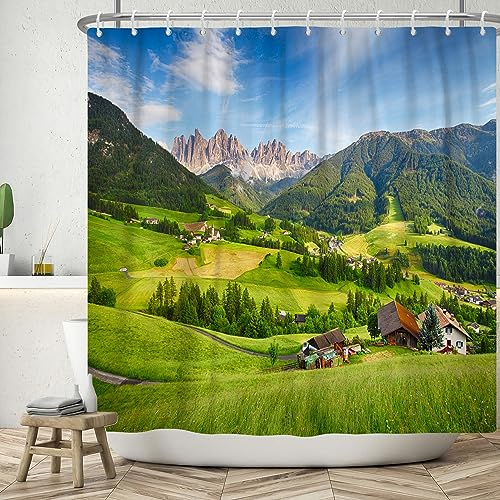 ASDCXZ Landschaft Duschvorhang 180x200 cm, Naturlandschaft Beruhigen Dorf und Berg Grün Wald Bad Waschbar Duschvorhänge Polyester Textil Wasserdicht Badevorhang für Badewanne mit 12 Haken