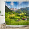 ASDCXZ Landschaft Duschvorhang 180x200 cm, Naturlandschaft Beruhigen Dorf und Berg Grün Wald Bad Waschbar Duschvorhänge Polyester Textil Wasserdicht Badevorhang für Badewanne mit 12 Haken