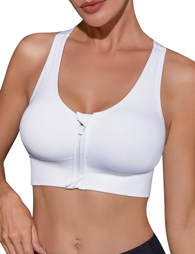 Migcaput Damen Sport BH Reißverschluss Vorne, Sport BH Damen Starker Halt,Sport Bustier Gepolstert Push Up BHS Sports Bra Top für Gym Fitness Yoga Running Sport BH weiß L