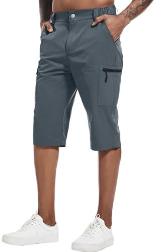 YAOBAOLE 3/4 Wanderhose Herren Sommer Funktionshose Outdoor Sporthose Schnelltrocknend Elastisch mit Reißverschlusstaschen Dunkelgrau L