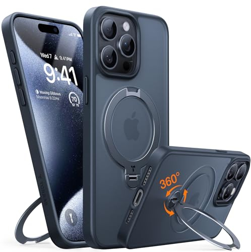 TORRAS 360° Spin Magnetic Stand for iPhone 15 Pro Case, Compatible with Magsafe,14 FT Military Grade Shockproof Slim Protective iPhone 15 Pro Case with Kickstand Ring Holder, Ostand Spin-Black