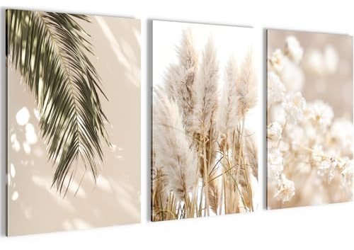 Novart Bilder Set Boho Pampasgras - Kein Extra Rahmen benötigt - Wandbilder für Wohnzimmer Schlafzimmer - 3 Teilig Deko Beige - N005836a
