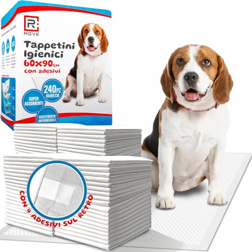R MOVE 240 Traversine Cani 60x90 con Adesivi - Tappetini Igienici Assorbenti per Cani, Traverse Cane EXTRA Assorbenti, Telini Pipi, Tappetino Igienico con rivestimento antiodore Traversina Assorbente