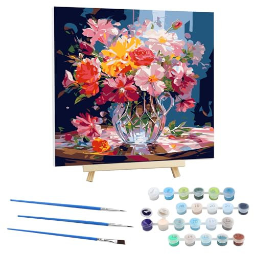EOBROMD Peinture par Numero Adulte Bouquet,Kit de Peinture à l'huile sur Toile Bricolage avec Cadre en Bois et Chevalet, Fleur Peinture Sans Plis Toile pour Décoration de la Maison 30x30cm
