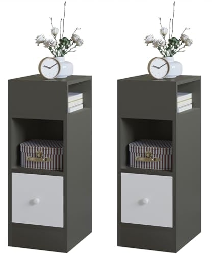 EUGAD Nachttische, 2er Set, schmal, Beistelltisch mit 2 offenen Ablagen und 1 Schublade, 25x66x30 cm, Nachtschrank im Schlafzimmer, Nachtkästchen aus Holzwerkstoff, dunkelgrau, 0010CTG-2
