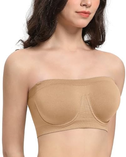 Lemorosy Women's Non Padded Underwire Strapless Bra Multiway Bandeau Tube Top Bralette(Beige,XXL)