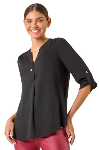 Roman Originals Shirt for Women UK Ladies Longline Top Collarless Blouse Smart Tunic Casual Evening Relaxed Fit 3/4 Length Sleeve Notch V Neck Long - Noir - Size 10