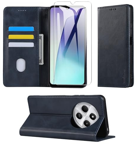 THIYUFUNS Case for Xiaomi Redmi 14C with 1 Tempered Glass Screen Protector, Premium PU Leather Magnetic RFID Blocking Shockproof Flip Case Wallet Phone Case for Xiaomi Redmi 14C (BLUE)