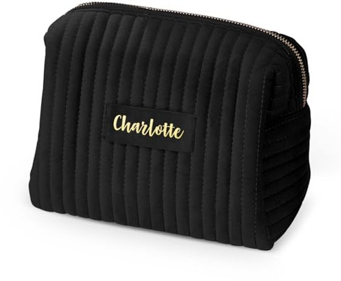 Beauty Kram - Personalisierte Kosmetiktasche mit eigenem Namen für Make Up und Reiseutensilien aus Premium Samt - Schwarz 22 x 16 cm