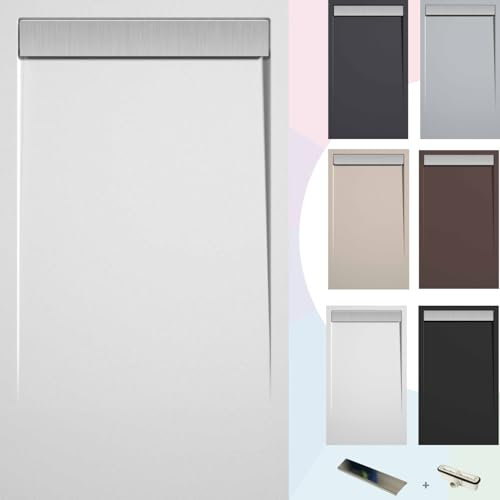 SoulBath Plato de Ducha - Resina - Textura Liso/Piedra - Antideslizante - Color Blanco - 140x80- Extraplano 3cm - Resistente Gel Coat - Incluye Válvula desagüe y Rejilla Diseño inox.