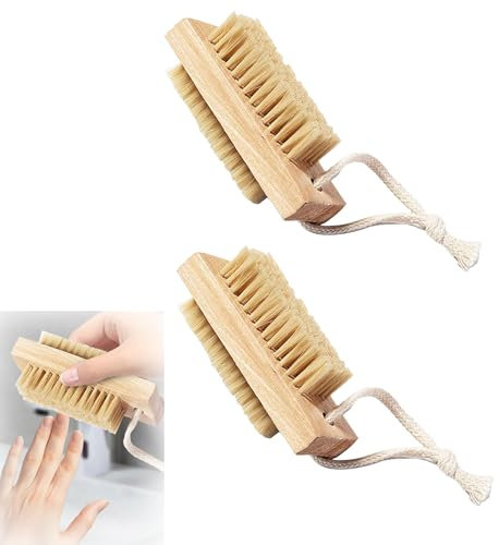 VZU 2pcs Wooden Nail Scrub Brush, Double Sided Nail Brushes with Stiff Bristles and Hanging Rope Hand and Foot Scrubber Manicure Pedicure Tool for Scrubbing Fingernails Toenail Cuticle