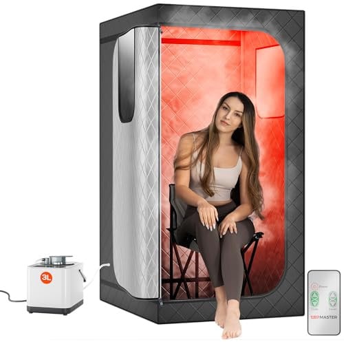 Sauna a vapore portatile – Timer 99 min con 9 livelli di calore 3L vapore, riscaldamento rapido, spazioso design 80 x 80 x 160 cm, grande tenda impermeabile isolata grigia a 3 strati, sedia pieghevole