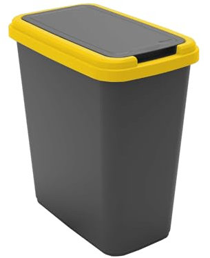 Sundis Green Bin, poubelle de tri sélectif 25 L d’intérieur, rectangulaire, en plastique recyclé noir et jaune, couvercle à bascule ou fixe, avec stickers pour cuisine, bureau, buanderie, atelier