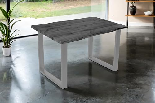 SAM Esstisch Josy 120x80 cm Holz-Optik Grau U-Gestell Silber | 40 mm Tischplatte mit Baumkante, Metallgestell, Tisch für Esszimmer & Küche