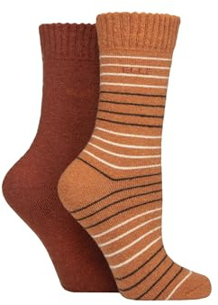 ELLE Ladies Striped Wool Mix Brushed Inside Boot Socks in a Multipack of 2 for Walking, Hiking, Trekking & Outdoor Use