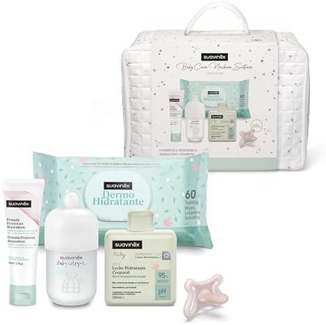 Suavinex, Canastilla Bebé Recien Nacido, Regalo Nacimiento con Maleta de Hospital con: Chupete Zero Zero 0/6 Meses + Baby Cologne 100 ml + Crema del Pañal 50 ml + Toallitas + Leche Hidratante 300 ml