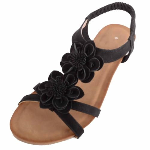 ABSOLUTE FOOTWEAR Womens Small Wedge Elasticated Back Strap Summer Floral Sandal - Black - UK 7 / EU 40