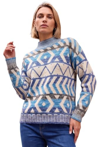 Roman Fairisle Jumper for Women UK Ladies Stretchy Winter Autumn Sweater Casual Knit Knitwear Knitted Pullover Comfy Soft Thick Lightweight Dinner Party Office Work - Blue Aztec - Size 18