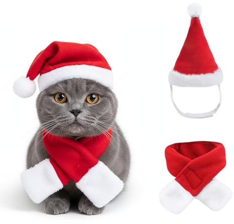 2 Stück Katzen Hunde Weihnachtskostüm, Haustier Justierbare Weihnachtsmütze und Schal Katzen Haustier Kostüm Hund Weihnachtskostüm Rot Weihnachten Haustier Deko Kostüm