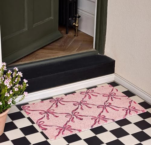Coir Door Mat for Doorway, Home Entry, Balcony, Garden, Dirt Trapper Entrance Indoor Outdoor Non-Slip Absorbent Welcome Mat Natural Doormat in 45 x 75 cm (Blush Bows)