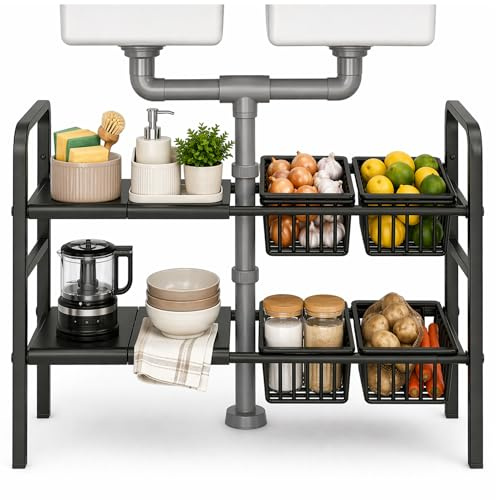Under Sink Storage Organiser – Expandable & Height Adjustable Multifunction 2-Tier Shelf Rack for Kitchen, Bathroom & Cupboard | Rust-Proof Carbon Steel Under Sink Organiser (H48.5, L53-88, W24.7cm)