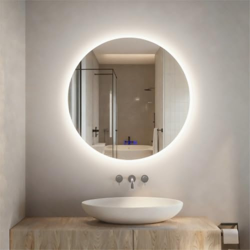 Fsoyely 800mm Large Round LED Mirror, Bluetooth Speaker Equipped, 3 Color Dimmable, Anti-Fog Touch Control, Wall Mount Hotel & Home Bathroom Mirror