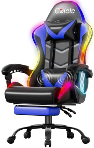 Czlolo Chaise Gaming Ergonomique avec Coussin Lombaire massant, LED RGB Réglage Complet Dossier & Hauteur & Repose-Pieds – Fauteuil Confort – Bleu