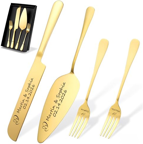 Lpraer Tortenmesser inkl. Tortenheber Gabel im Set mit persönlicher Gravur Kuchen Servierset aus Edelstahl Personalisierte Geschenke für Brautpaar Hochzeit Geburtstag, 4-TeilIge in Geschenkbox
