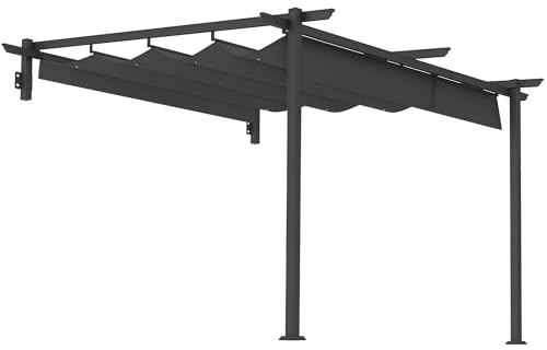 Tidyard Pavillon Markise 3x3m Wandmontage Pergola mit verstellbarem Stoffdach Sonnenschutz Regenwasserabfluss rostfreier Stahlrahmen für Garten Terrasse Balkon Restaurant Café