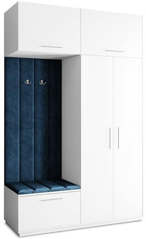 Masseno Flugarderoben Set Rema, Kleiderschrank-Set mit Sitzbank, Garderobenschrank Flur mit 5 Regalböden, Weiß