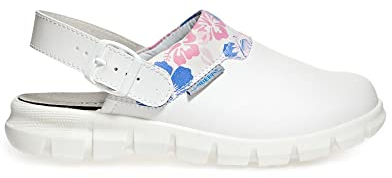 Abeba Clog 7320 - Dynamic Glattleder, weiß mit Aufdruck Blumenmuster, zertifiziert, 39