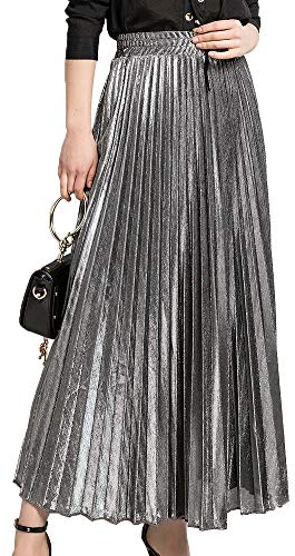 Faltenrock Maxi Damen Langer Plisseerock Hohe Taille Grelle Farbe Rock Silber M