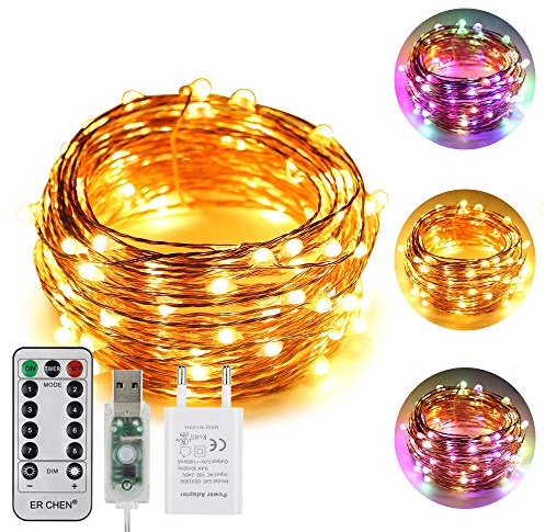 ErChen USB Strom-betrieben Zweifarbige Led Lichterketten, 33 FT 100 Leds Farbe ändern Dimmbar 8 Modi Kupfer Draht-Lichterketten mit Fernbedienung Timer für Innen Außen Christmas (Warmweiß, Mehrfarbig)