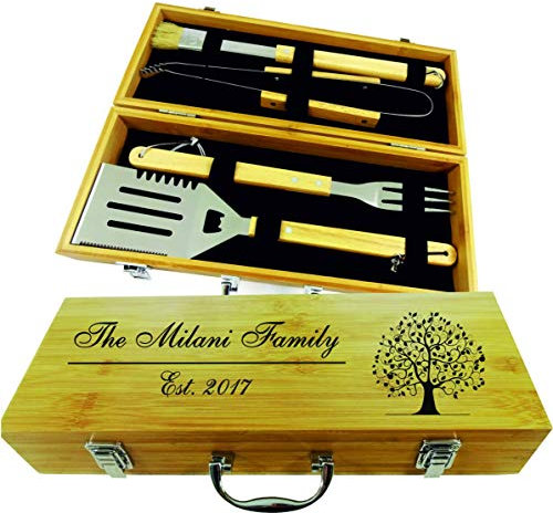 BBQ SET 4 tools | Custom engraved/personalised grilling set with 4 useful Barbeque grilling tools | Barbecue Utensils Gifts for Man, Groomsman | In natural bamboo case | Grill Utensils Set for Dad